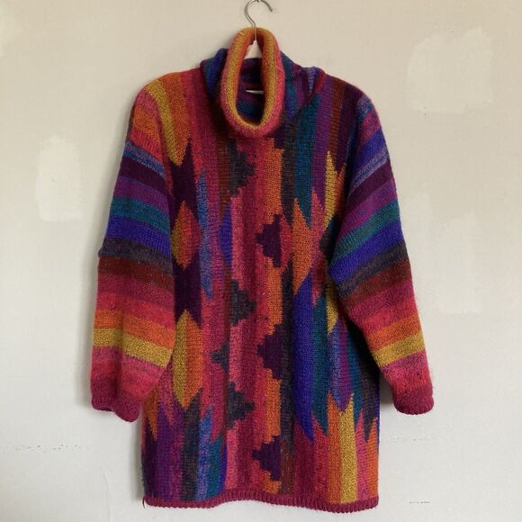 Vintage Sweaters - Vintage Mariea Kim Turtleneck Sweater LARGE Colorful Tunic Boho Rainbow Brite